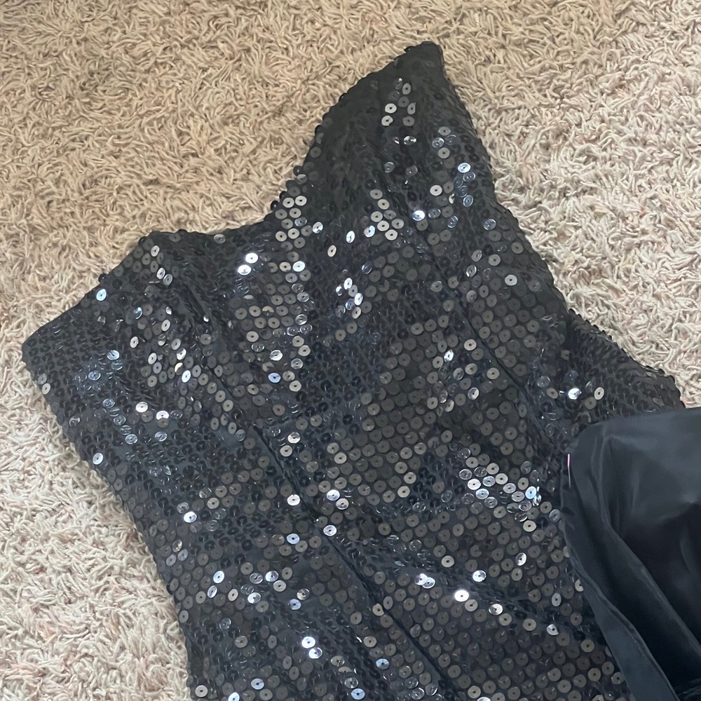 Vintage Nadine Black Sequin Strapless Gown 80s Ruffle Bustle Formal Dress Size 5